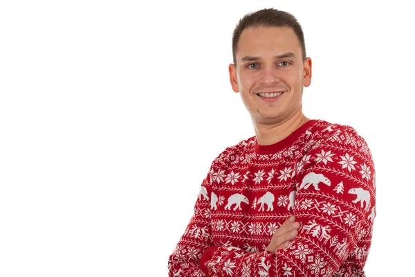 Porträtt Stilig Ung Man Bär Jul Tema Stickad Blus Isolerad — Stockfoto