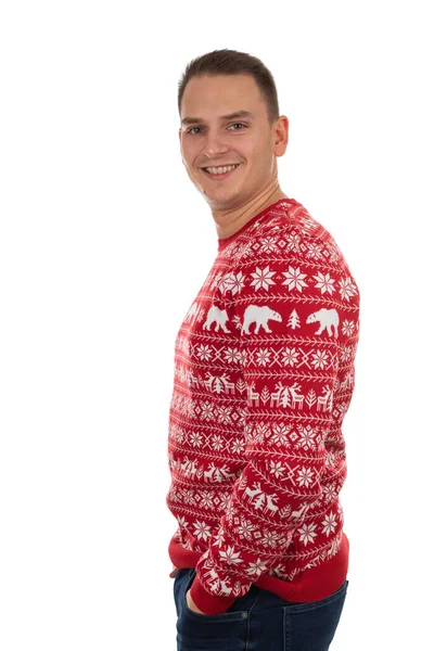 Portret Van Knappe Jongeman Met Kerstthema Gebreide Blouse Geïsoleerde Achtergrond — Stockfoto