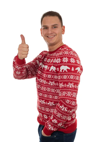 Retrato Belo Jovem Vestindo Tema Natal Blusa Malha Fundo Isolado — Fotografia de Stock