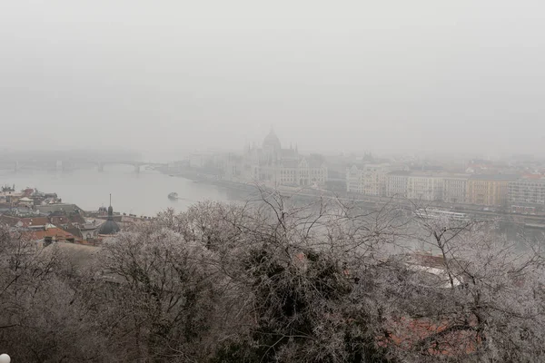 Foto Panorámica Del Centro Budapest Río Danubio Puente Día Nublado —  Fotos de Stock