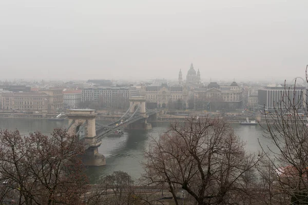 Panoramiczny Obraz Budapesztu Dunaju Oraz Most Mglisty Zimowy Dzień — Zdjęcie stockowe