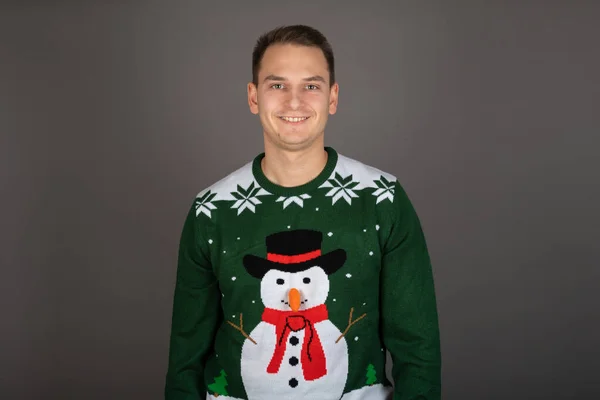 Young Man Wearing Knitted Christmas Style Pullover Posing Grey Background — Stock Photo, Image