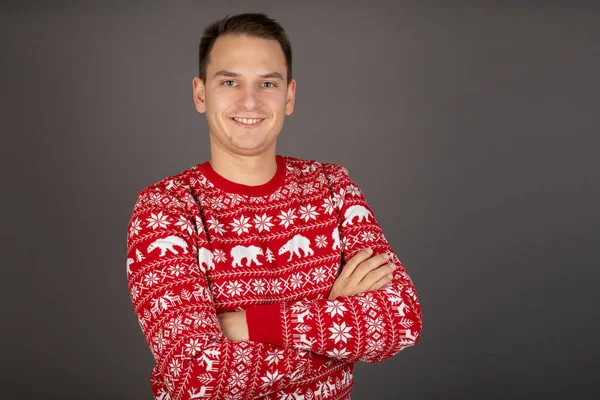 Young Man Wearing Knitted Christmas Style Pullover Posing Grey Background — Stock Photo, Image