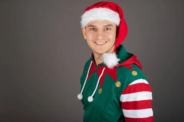 Portrait Handsome Man Wearing Grinch Costume Smiling Camera Grey Background — Stock Photo, Image