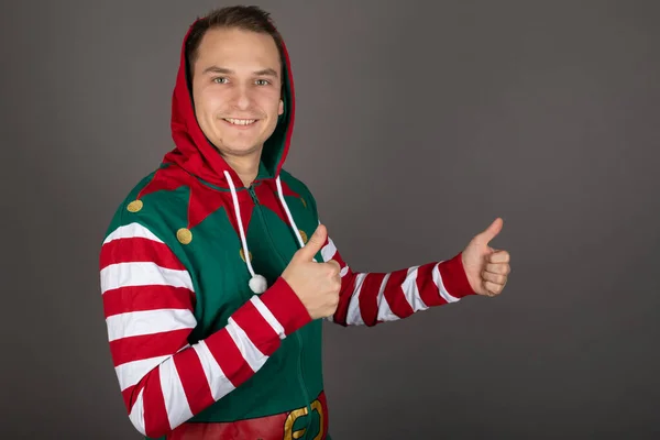 Man Wearing Grinch Costume Showing Thumbs Grey Background — Stock Photo, Image