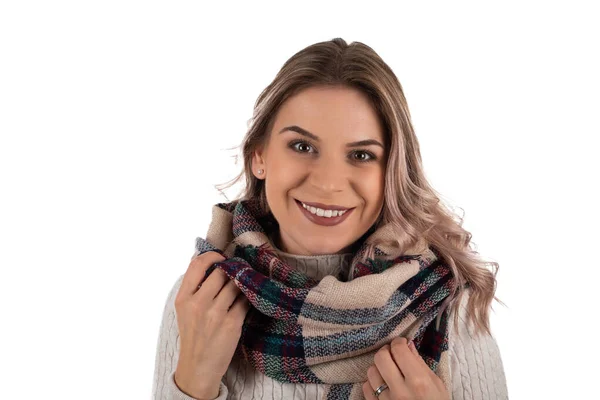 Portrait Cheerful Woman Knitted Blouse Warm Scarf Smiling Camera Isolated — Stock Photo, Image