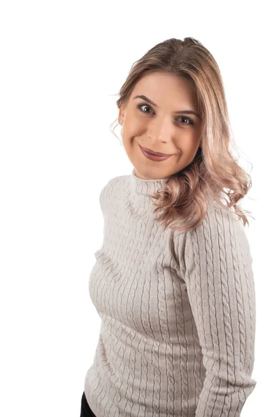 Young Caucasian Woman Wearing Beige Knitted Blouse Isolated Background — Stock Photo, Image