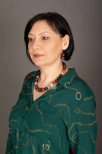 Portrait Beautiful Middle Aged Caucasian Woman Wearing Green Shirt Posing — Stock Photo, Image