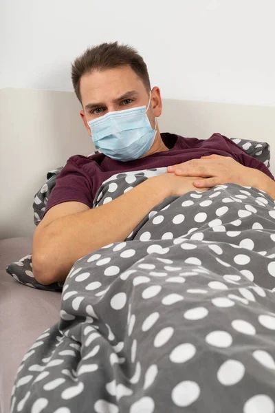 Picture Caucasian Young Man Infected Covid Staying Bed Home — Stock Photo, Image