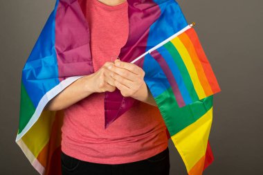 Pembe tişört ve gökkuşağı bayrağı giymiş eşcinsel bir adam.