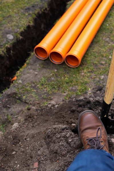 Laying Orange Pvc Drainage Pipes Ground — Stock Photo, Image