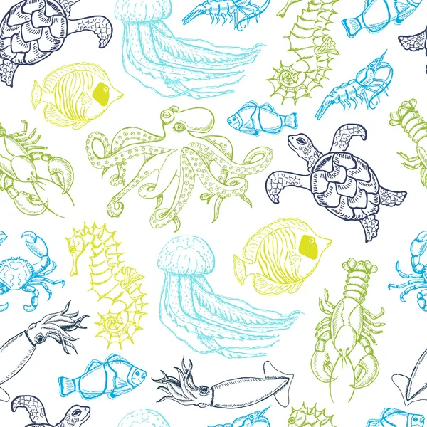 Seamless pattern with hand drawn sea animals — Stock Vector