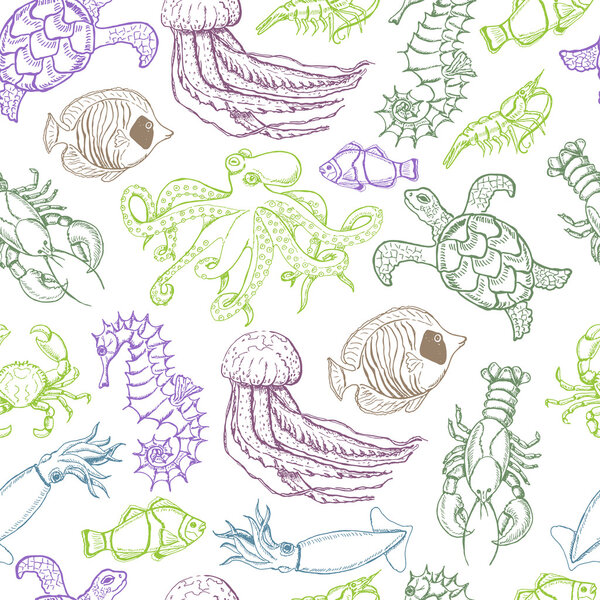 Seamless pattern with hand drawn sea animals