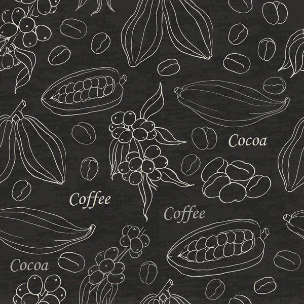 Motif sans couture avec du café et des éléments de cacao sur fond noir — Image vectorielle