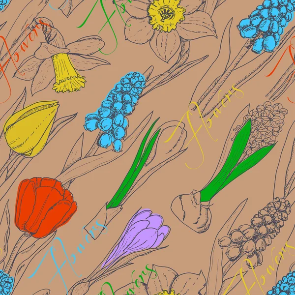 Nahtloses Muster mit Frühlingsblumen auf beigem Hintergrund — Stockvektor