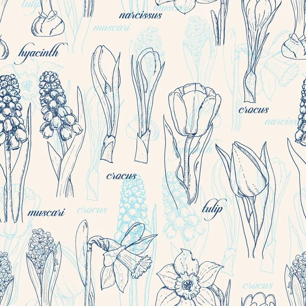 Απρόσκοπτη μοτίβο με ανοιξιάτικα λουλούδια — Διανυσματικό Αρχείο