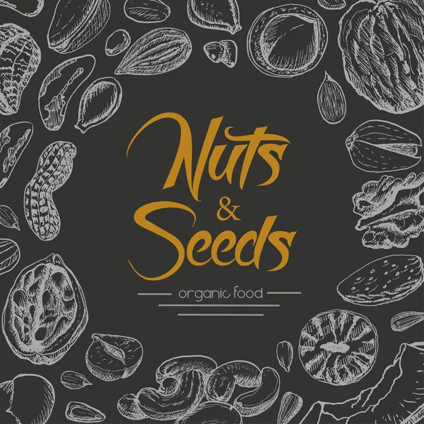 Fondo vectorial con frutos secos y semillas sobre fondo negro — Archivo Imágenes Vectoriales