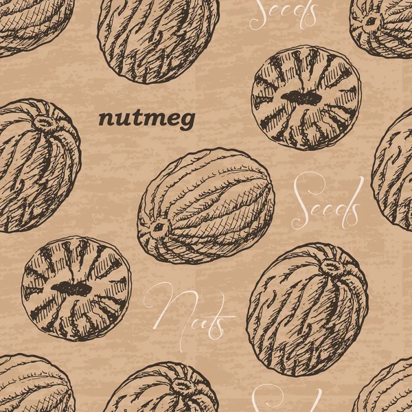 Seamless pattern with nutmeg on a vintage background — Stock Vector