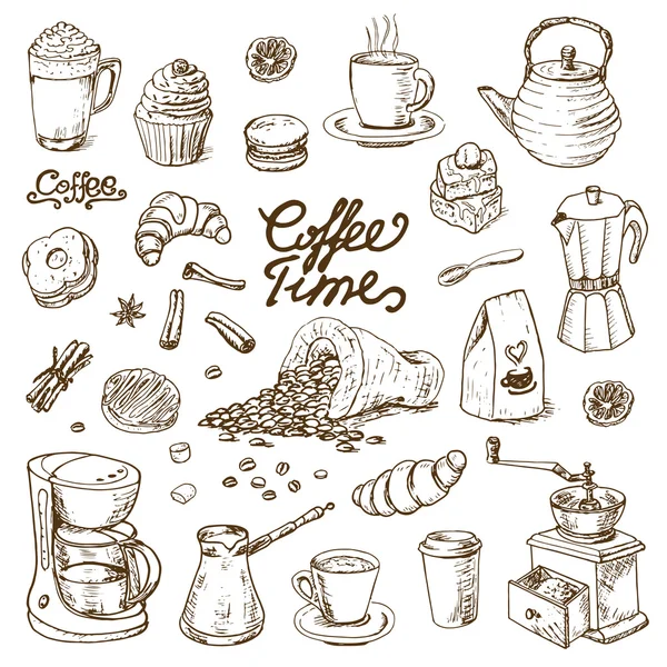 Cafe menü, el ilanları, kara tahta kahve doodle öğeleri koleksiyonu — Stok Vektör