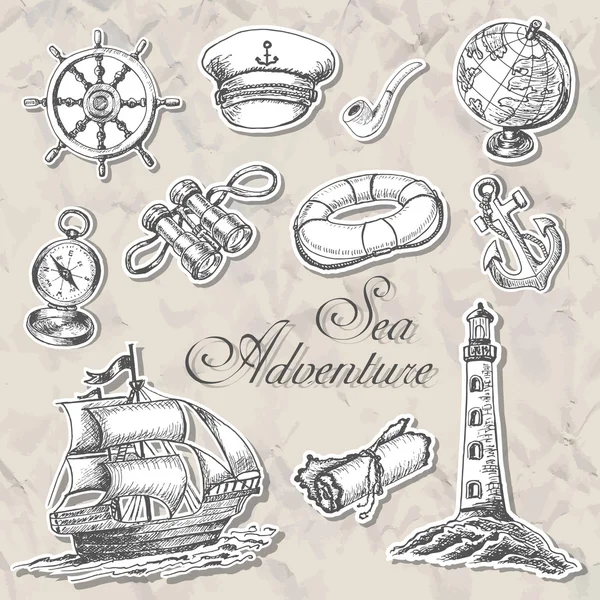 Collection of stickers with maritime subjects in sketch style — Stock Vector
