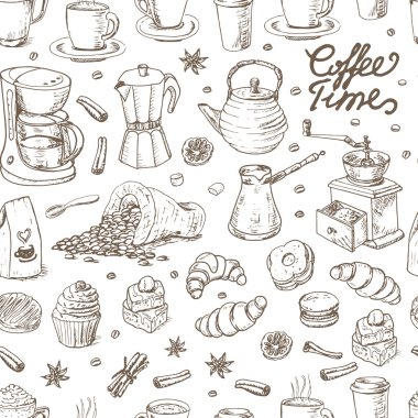Seamless pattern with coffee elements on white background clipart