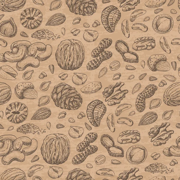 Nahtloses Muster mit Samen und Nüssen auf beigem Hintergrund — Stockvektor