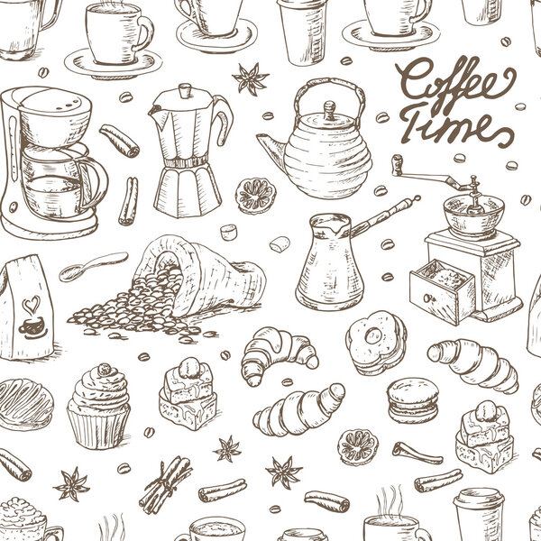 Seamless pattern with coffee elements on white background