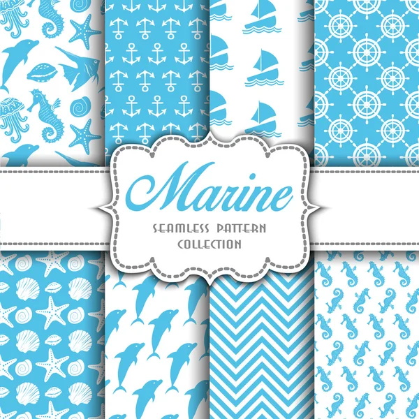 Big collection of seamless patterns with marine elements — Stock Vector