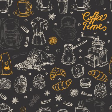 Seamless pattern with coffee elements on black background clipart