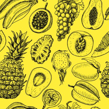Sarı bir arka plan üzerinde tropikal meyve ile Seamless Modeli