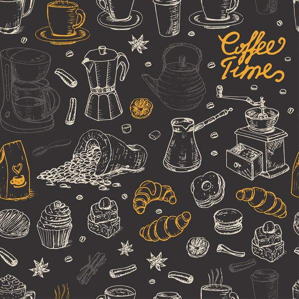 Seamless pattern with coffee elements on black background