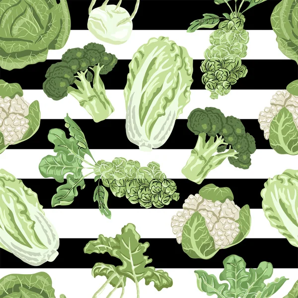 白色和黑色的背景上的品种卷心菜无缝模式 — 图库矢量图片