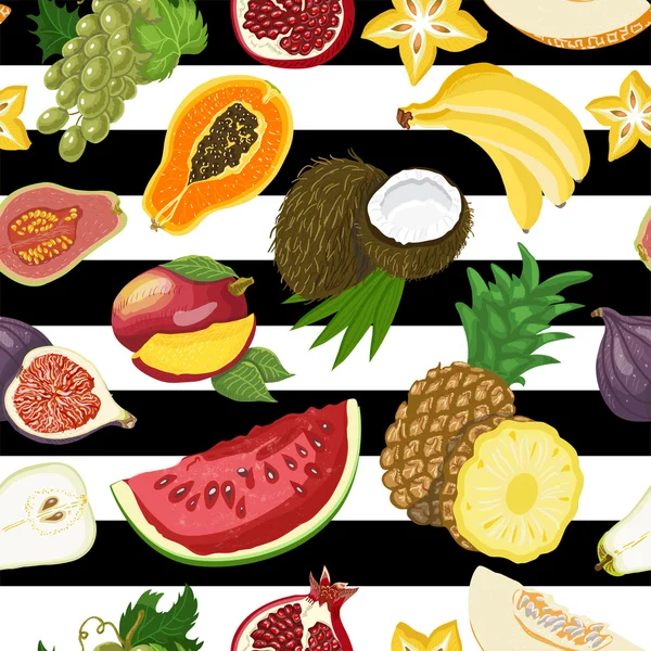 Naadloze patroon met tropische vruchten op een witte en zwarte achtergrond — Stockvector