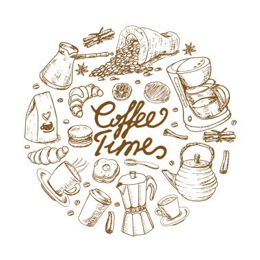 Bir daire içinde izole kahve öğeleri