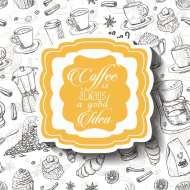 Background with coffee items and an inscription in the middle clipart