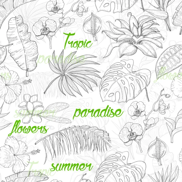 Patrón sin costuras con plantas tropicales y flores — Vector de stock