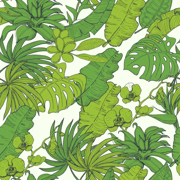 Seamless mönster med tropiska växter och blommor — Stock vektor