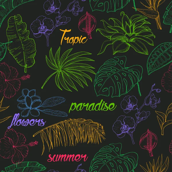 Patrón sin costuras con plantas tropicales y flores sobre fondo oscuro — Archivo Imágenes Vectoriales