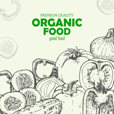 Domates, biber, salatalık, soğan. Sebze ile vektör arka plan