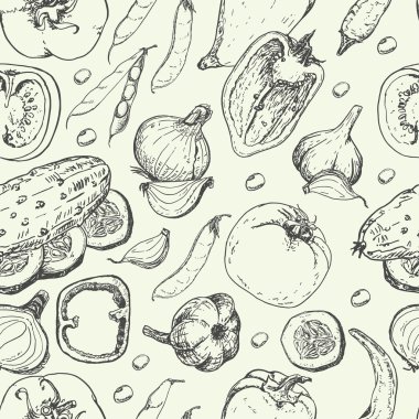 Taze sebze ile Seamless modeli. Domates, biber, salatalık, biber, soğan, sarımsak ve fasulye