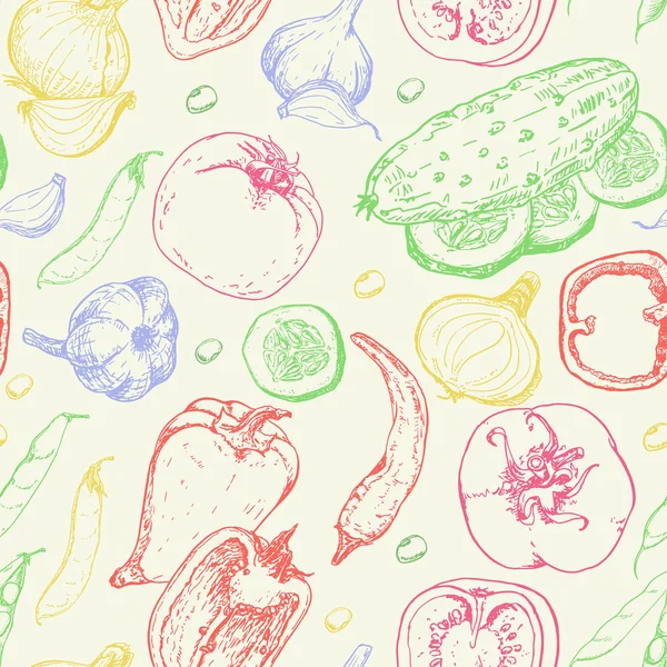Бесшовный узор со свежими овощами. Помидор, перец, огурец, чили, лук, чеснок и бобы — стоковый вектор