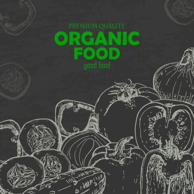 Domates, biber, salatalık, soğan. Vektör arka plan siyah sebzeli 