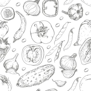 Taze sebze ile Seamless modeli. Domates, biber, salatalık, biber, soğan, sarımsak ve fasulye