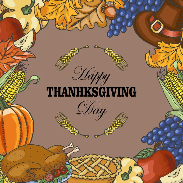 Thanksgiving achtergrond met eikels, bladeren en inscriptie in het midden — Stockvector