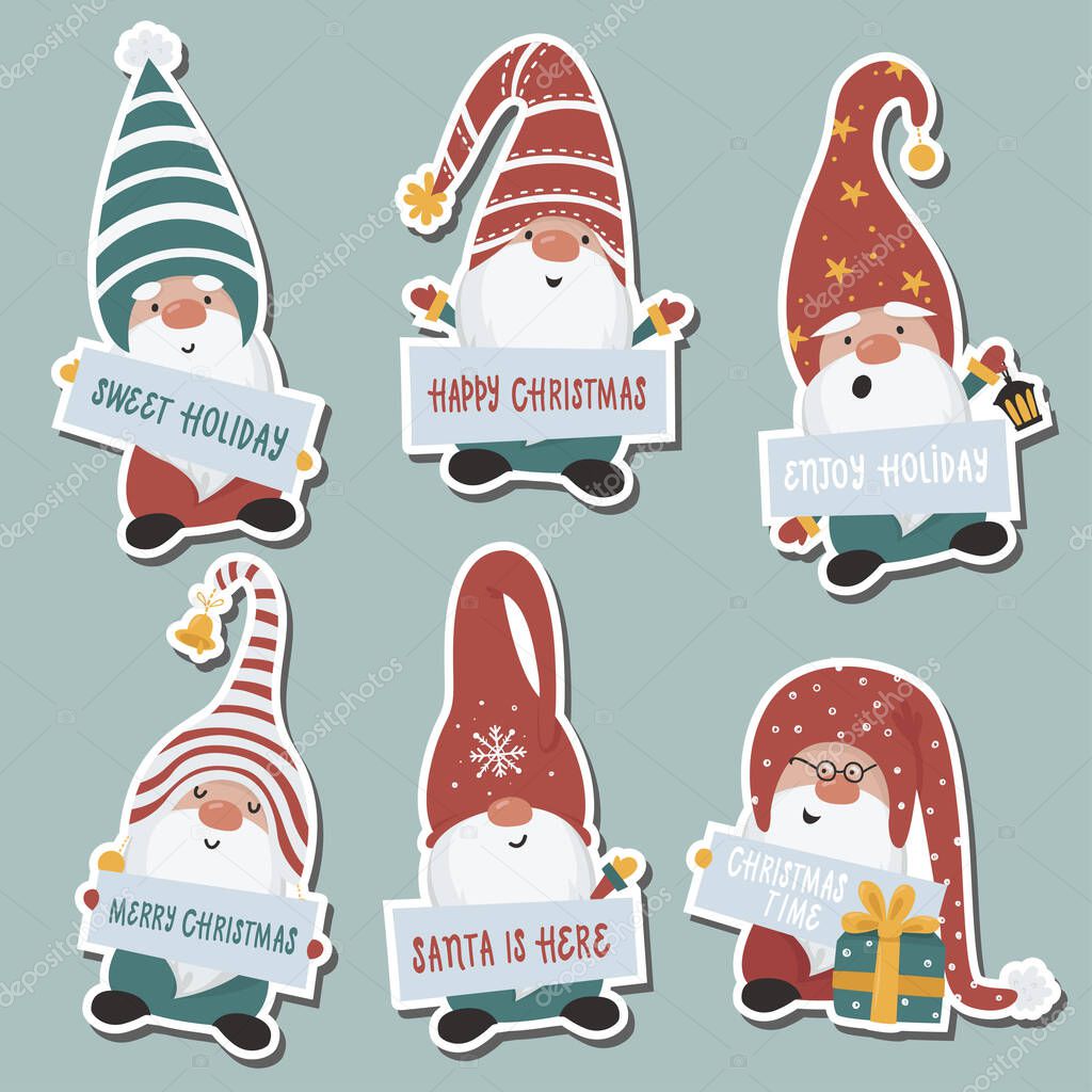 Gnomes stickers collection. Vector illustration for greeting cards, christmas invitations and scrapbooking