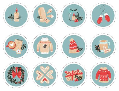 Sonbahar veya kış giysileri ve öğeleri ile etiketler koleksiyonu