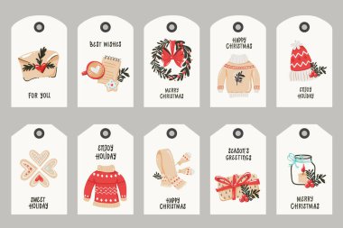Noel eşyalarıyla birlikte etiket koleksiyonu. Yazdırılabilir kart şablonları.