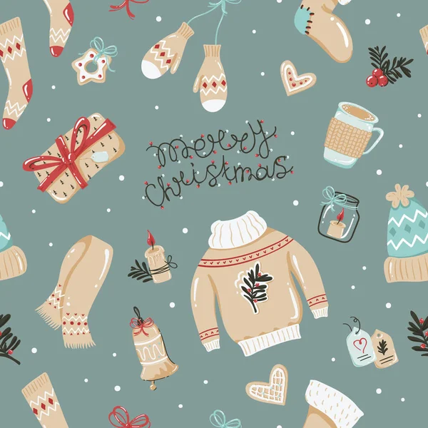 Patrón Sin Costuras Navidad Con Sombreros Mitones Otras Cosas Ilustración — Archivo Imágenes Vectoriales