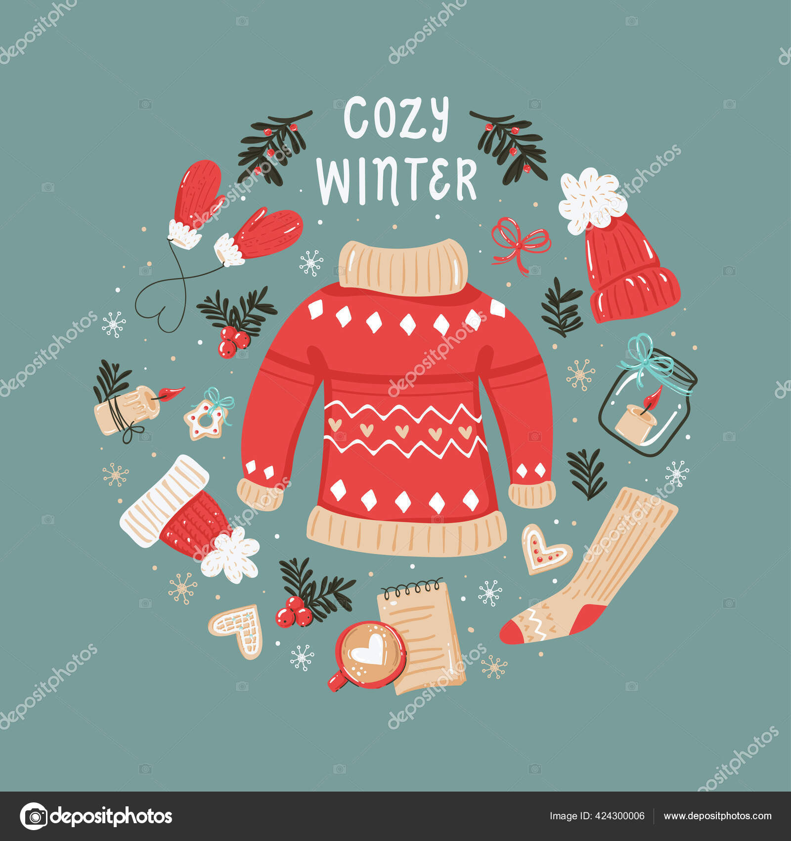 居心地の良い冬服やアイテムとクリスマスラウンドの背景 グリーティングカード クリスマス招待状やスクラップブッキングのためのベクターイラスト ストックベクター C Nafanya1710