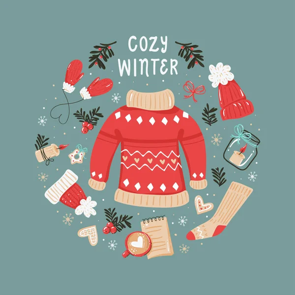 Χριστούγεννα Στρογγυλό Φόντο Ζεστά Ρούχα Χειμώνα Και Στοιχεία Εικονογράφηση Διάνυσμα — Διανυσματικό Αρχείο